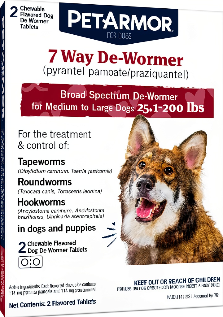 'PetArmor 7 Way Dog Dewormer Chewable Tablets packaging and tablets'