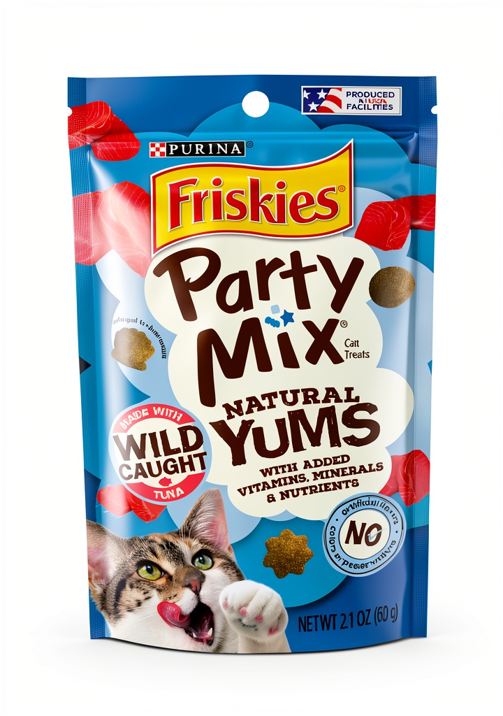 Friskies cat treats package with wild tuna flavor displayed on a table