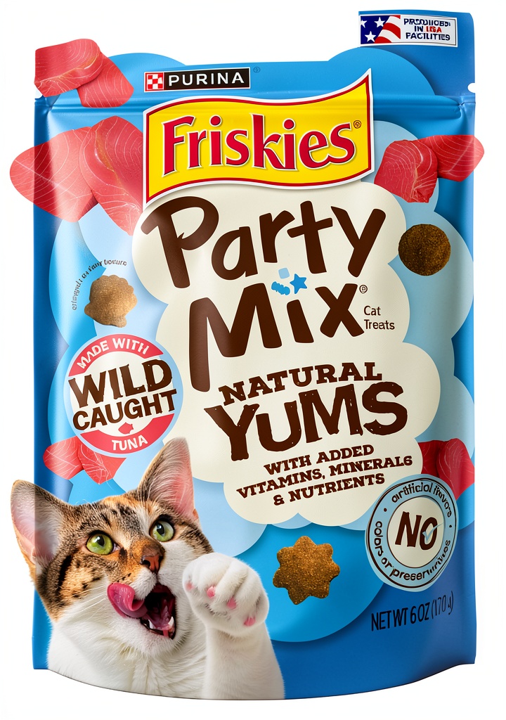 Friskies cat treats in a bowl with a cat nearby