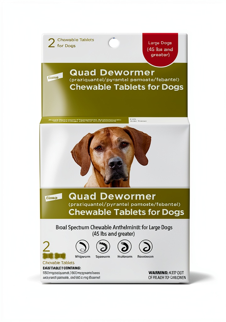Elanco Quad Dewormer chewable tablet packaging and tablet close-up