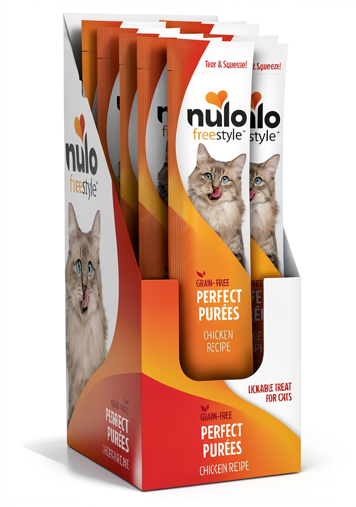 Installing Nulo Cat Treats Purée High Moisture Grain Free on a wooden desk