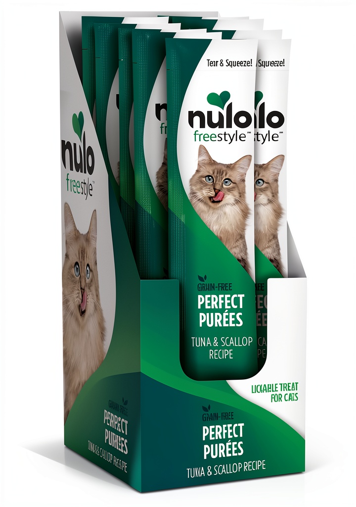 'Nulo Perfect Purées cat treat tubes displayed on a kitchen counter'