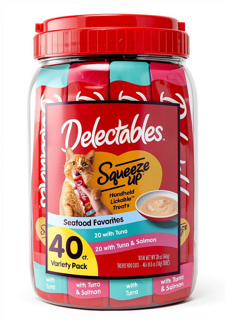 'Hartz Delectables Squeeze Up lickable cat treat being used by a cat'