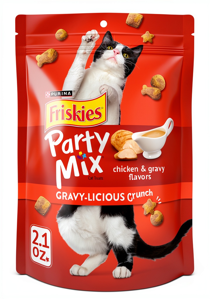 Cat enjoying Friskies Chicken & Gravy Crunchy Treats