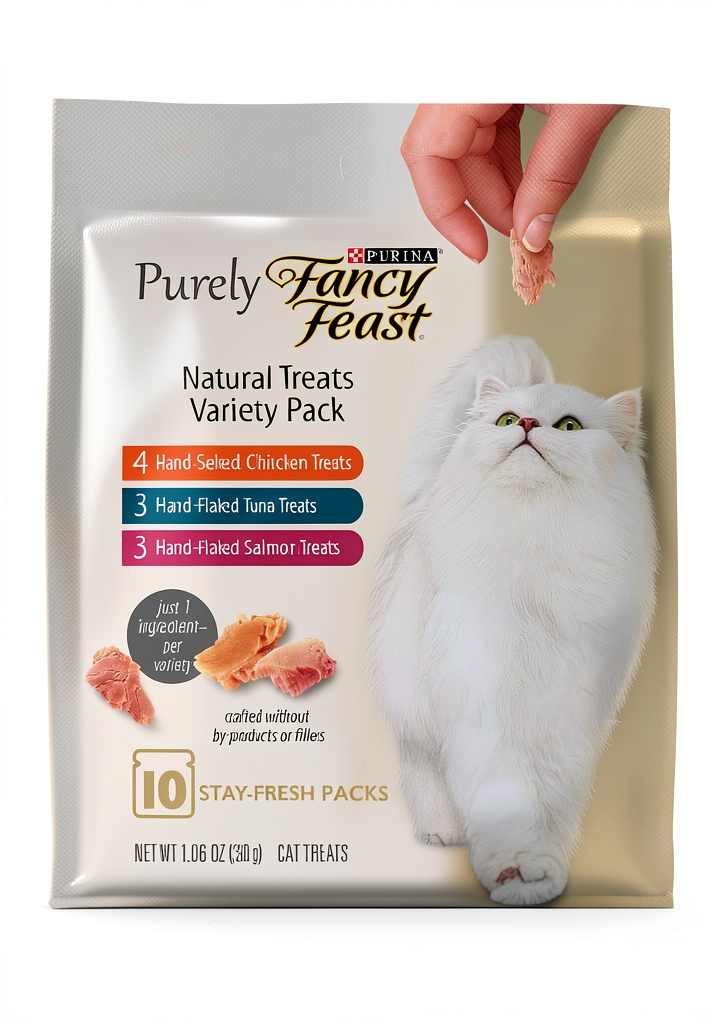Fancy Feast Natural Treats pouch opened on a kitchen counter