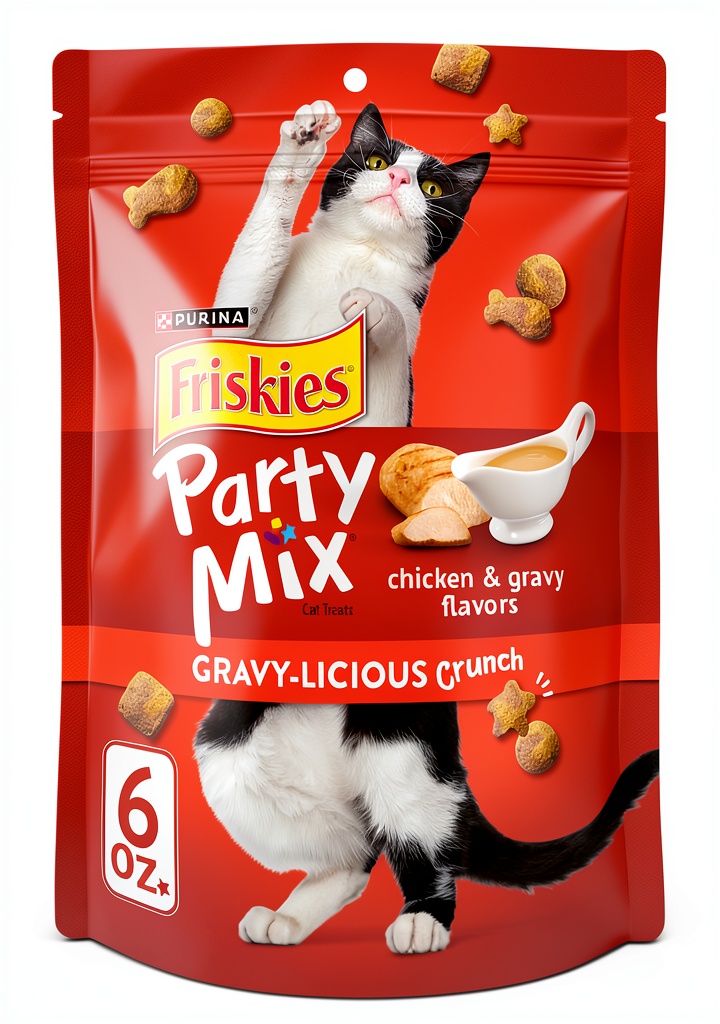 Cat enjoying Friskies Chicken & Gravy Crunchy Treats