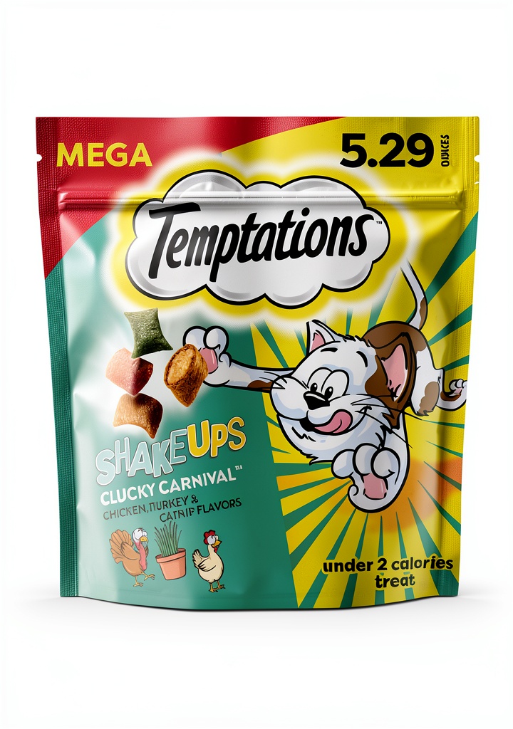 Installing Temptations ShakeUps Cat Treats Clucky Carnival 5.3 Ounce Pack of 2 on a wooden desk