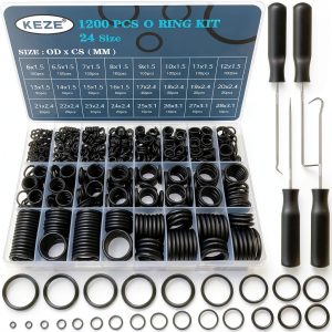 KEZE 1200 Pcs 24 Size Universal Rubber O-Ring Assortment Kit with 4-Piece Precision Pick and Hook Set for Auto Vehicle Faucet Plumbing Pressure Washer Air or Gas Sealing Repair OD:6mm-28mm O Ring-0